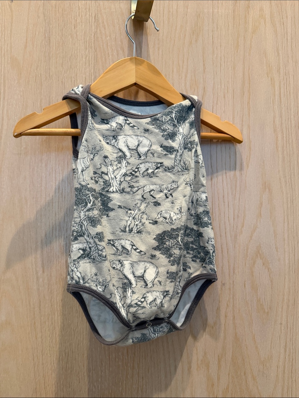 Neutral Cream & Gray Forest Animal Sleeveless Baby One-Piece